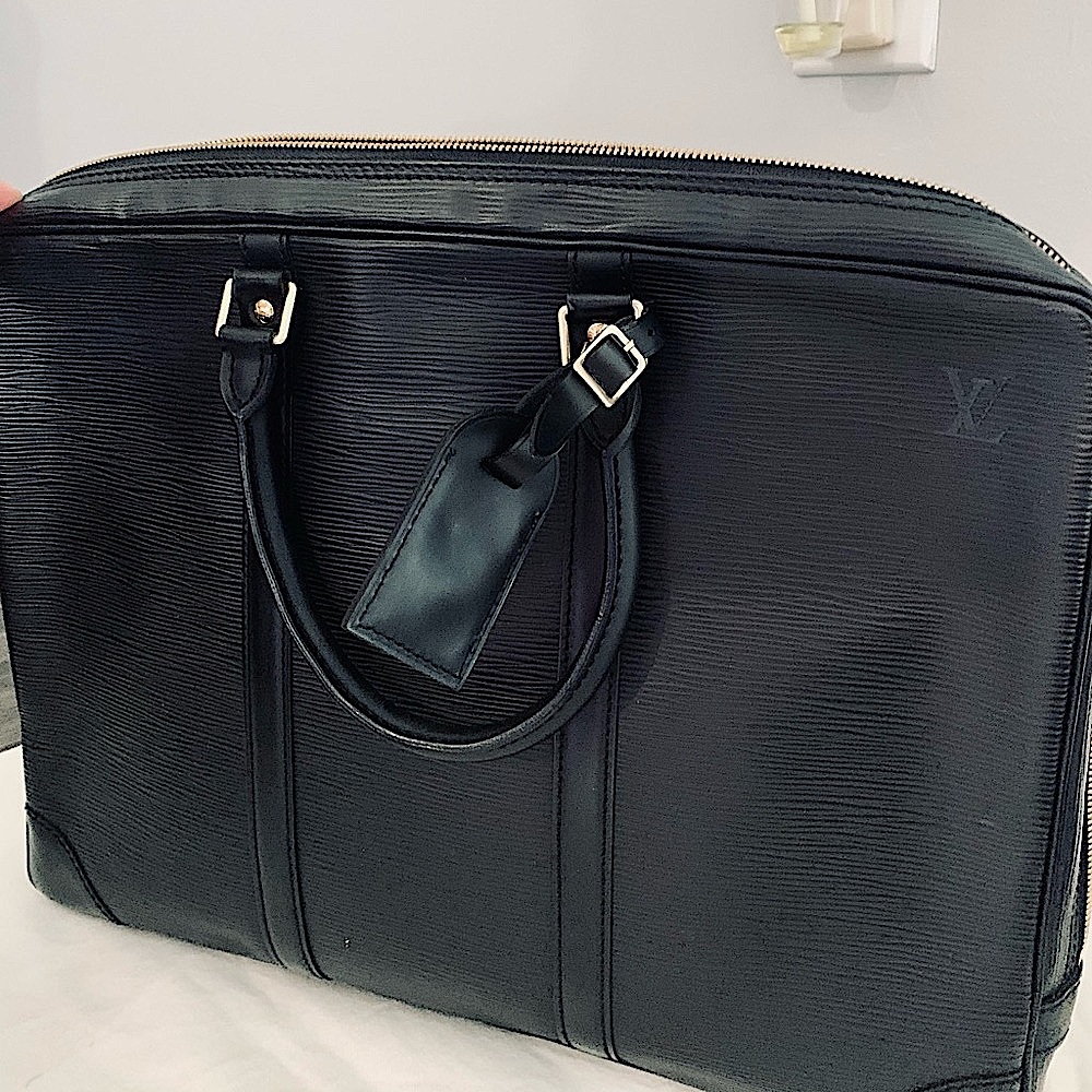 Louis Vuitton laptop black leather work bag.